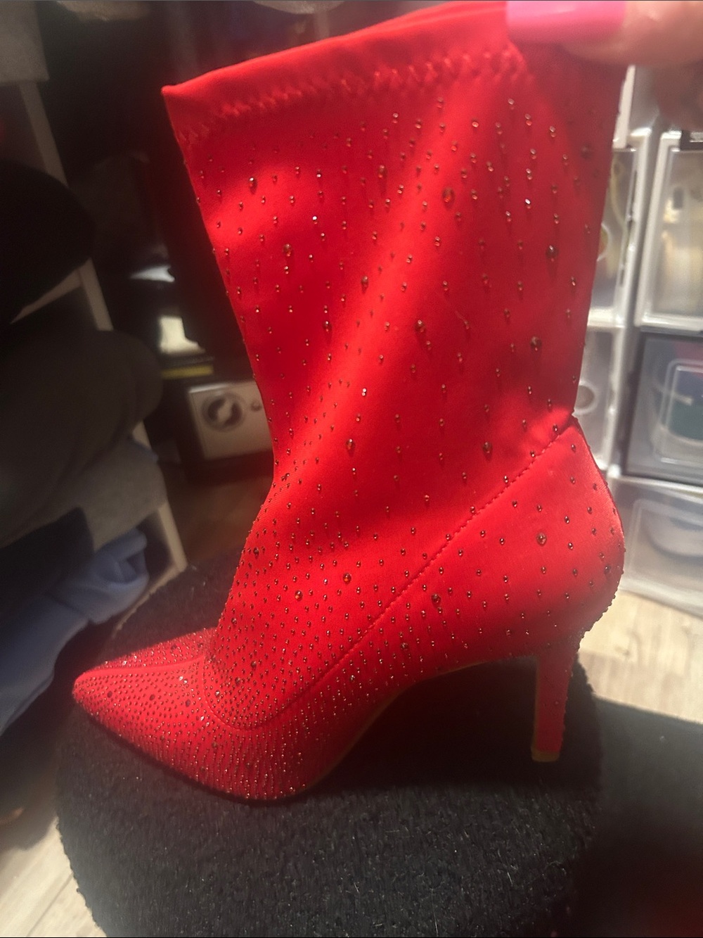 TOP Moda Red Rhinestone Stretch Ankle Booties - Picture 2 of 3